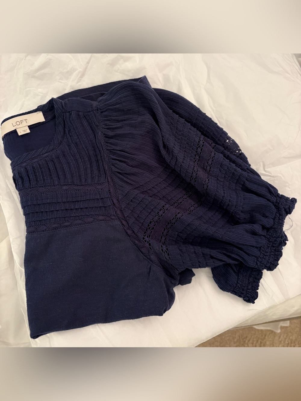 LOFT Navy Puff Sleeve Cotton Top